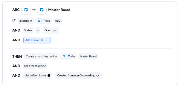 Screenshot of rules in Unito to sync Trello board ABC to a Trello master board in the default list Created from non-Onboarding